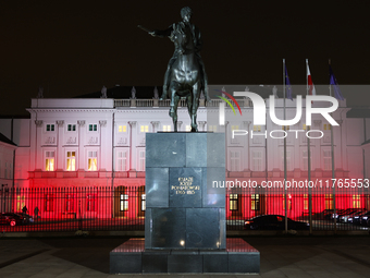 A view of the Presidential Palace illuminated in Polish flag a day ahead of the Poland Independence Day in Warsaw, Poland on November 10, 20...