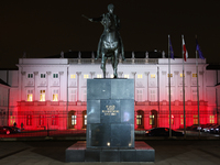 A view of the Presidential Palace illuminated in Polish flag a day ahead of the Poland Independence Day in Warsaw, Poland on November 10, 20...