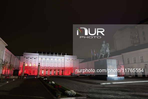 A view of the Presidential Palace illuminated in Polish flag a day ahead of the Poland Independence Day in Warsaw, Poland on November 10, 20...