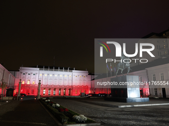 A view of the Presidential Palace illuminated in Polish flag a day ahead of the Poland Independence Day in Warsaw, Poland on November 10, 20...