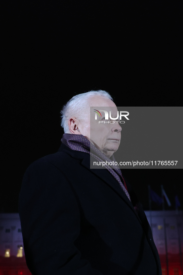 Law and Justice party leader Jaroslaw Kaczynski in front of the Presidential Palace during the march a day ahead of the Poland Independence...