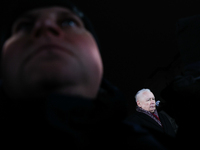 Law and Justice party leader Jaroslaw Kaczynski speaks in front of the Presidential Palace during the march a day ahead of the Poland Indepe...