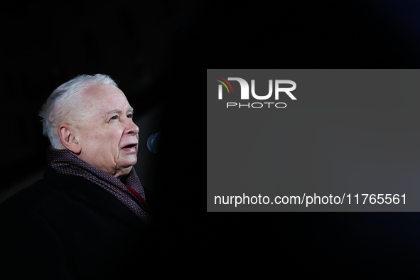 Law and Justice party leader Jaroslaw Kaczynski speaks in front of the Presidential Palace during the march a day ahead of the Poland Indepe...