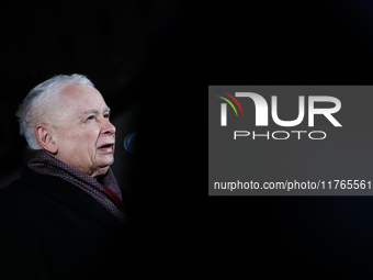 Law and Justice party leader Jaroslaw Kaczynski speaks in front of the Presidential Palace during the march a day ahead of the Poland Indepe...