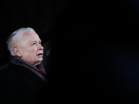 Law and Justice party leader Jaroslaw Kaczynski speaks in front of the Presidential Palace during the march a day ahead of the Poland Indepe...