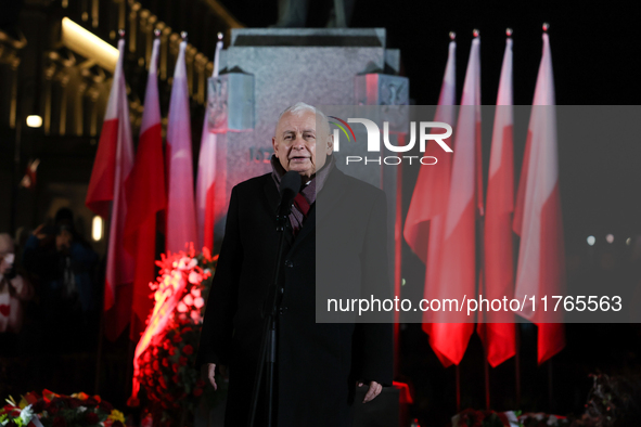 Law and Justice party leader Jaroslaw Kaczynski speaks in front of the statue of Jozef Pilsudski a day ahead of the Poland Independence Day...