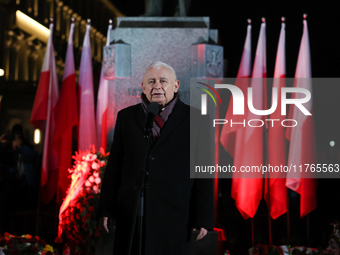 Law and Justice party leader Jaroslaw Kaczynski speaks in front of the statue of Jozef Pilsudski a day ahead of the Poland Independence Day...