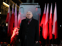 Law and Justice party leader Jaroslaw Kaczynski speaks in front of the statue of Jozef Pilsudski a day ahead of the Poland Independence Day...