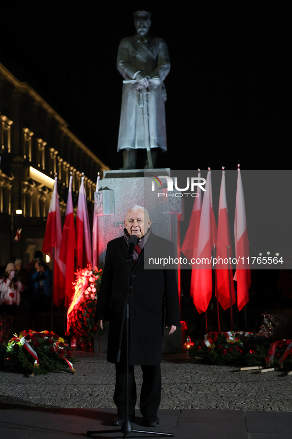 Law and Justice party leader Jaroslaw Kaczynski speaks in front of the statue of Jozef Pilsudski a day ahead of the Poland Independence Day...