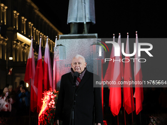 Law and Justice party leader Jaroslaw Kaczynski speaks in front of the statue of Jozef Pilsudski a day ahead of the Poland Independence Day...