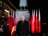 Law and Justice party leader Jaroslaw Kaczynski speaks in front of the statue of Jozef Pilsudski a day ahead of the Poland Independence Day...