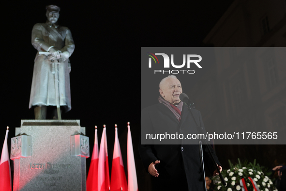 Law and Justice party leader Jaroslaw Kaczynski speaks in front of the statue of Jozef Pilsudski a day ahead of the Poland Independence Day...