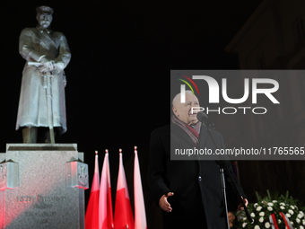 Law and Justice party leader Jaroslaw Kaczynski speaks in front of the statue of Jozef Pilsudski a day ahead of the Poland Independence Day...