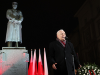 Law and Justice party leader Jaroslaw Kaczynski speaks in front of the statue of Jozef Pilsudski a day ahead of the Poland Independence Day...