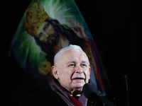 Law and Justice party leader Jaroslaw Kaczynski speaks in front of the statue of Jozef Pilsudski a day ahead of the Poland Independence Day...