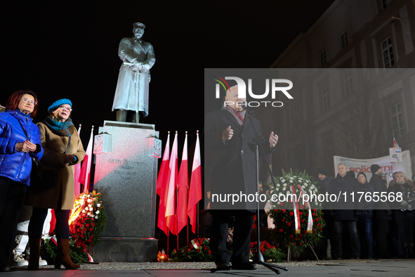 Law and Justice party leader Jaroslaw Kaczynski speaks in front of the statue of Jozef Pilsudski a day ahead of the Poland Independence Day...