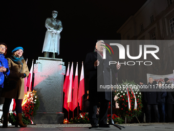 Law and Justice party leader Jaroslaw Kaczynski speaks in front of the statue of Jozef Pilsudski a day ahead of the Poland Independence Day...