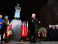 Law and Justice party leader Jaroslaw Kaczynski speaks in front of the statue of Jozef Pilsudski a day ahead of the Poland Independence Day...