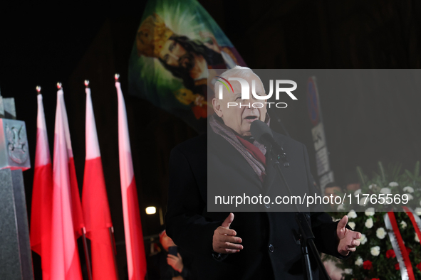 Law and Justice party leader Jaroslaw Kaczynski speaks in front of the statue of Jozef Pilsudski a day ahead of the Poland Independence Day...