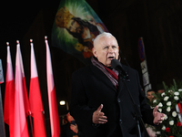 Law and Justice party leader Jaroslaw Kaczynski speaks in front of the statue of Jozef Pilsudski a day ahead of the Poland Independence Day...