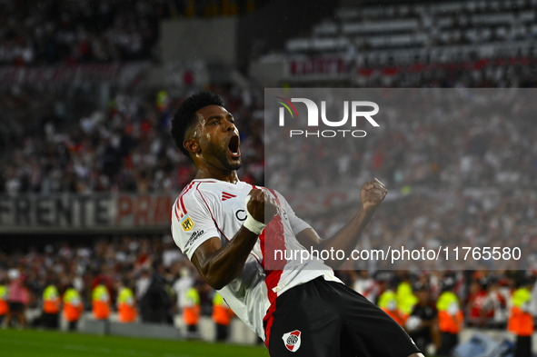 Miguel Borja of River Plate celebrates after scoring the team's first goal during a Liga Profesional 2024 match between River Plate and Barr...