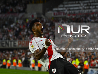 Miguel Borja of River Plate celebrates after scoring the team's first goal during a Liga Profesional 2024 match between River Plate and Barr...