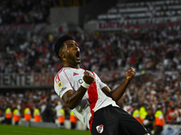 Miguel Borja of River Plate celebrates after scoring the team's first goal during a Liga Profesional 2024 match between River Plate and Barr...