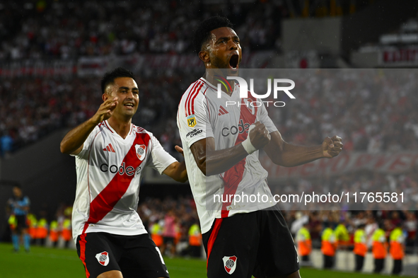 Miguel Borja of River Plate celebrates after scoring the team's first goal during a Liga Profesional 2024 match between River Plate and Barr...