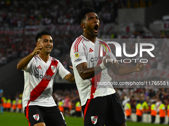 Miguel Borja of River Plate celebrates after scoring the team's first goal during a Liga Profesional 2024 match between River Plate and Barr...