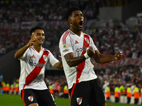 Miguel Borja of River Plate celebrates after scoring the team's first goal during a Liga Profesional 2024 match between River Plate and Barr...