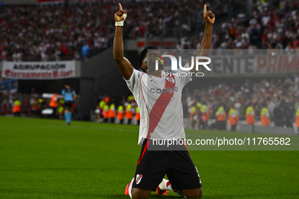 Miguel Borja of River Plate celebrates after scoring the team's first goal during a Liga Profesional 2024 match between River Plate and Barr...