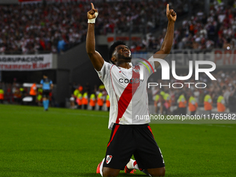 Miguel Borja of River Plate celebrates after scoring the team's first goal during a Liga Profesional 2024 match between River Plate and Barr...