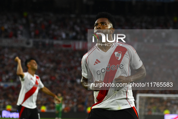 Miguel Borja of River Plate celebrates after scoring the team's first goal during a Liga Profesional 2024 match between River Plate and Barr...