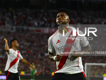 Miguel Borja of River Plate celebrates after scoring the team's first goal during a Liga Profesional 2024 match between River Plate and Barr...