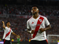 Miguel Borja of River Plate celebrates after scoring the team's first goal during a Liga Profesional 2024 match between River Plate and Barr...