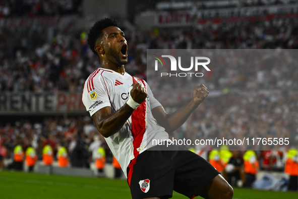 Miguel Borja of River Plate celebrates after scoring the team's first goal during a Liga Profesional 2024 match between River Plate and Barr...