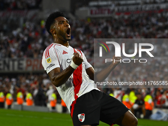 Miguel Borja of River Plate celebrates after scoring the team's first goal during a Liga Profesional 2024 match between River Plate and Barr...