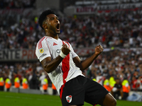 Miguel Borja of River Plate celebrates after scoring the team's first goal during a Liga Profesional 2024 match between River Plate and Barr...