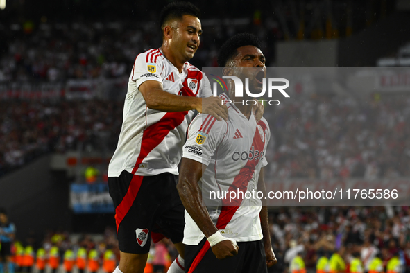 Miguel Borja of River Plate celebrates after scoring the team's first goal during a Liga Profesional 2024 match between River Plate and Barr...