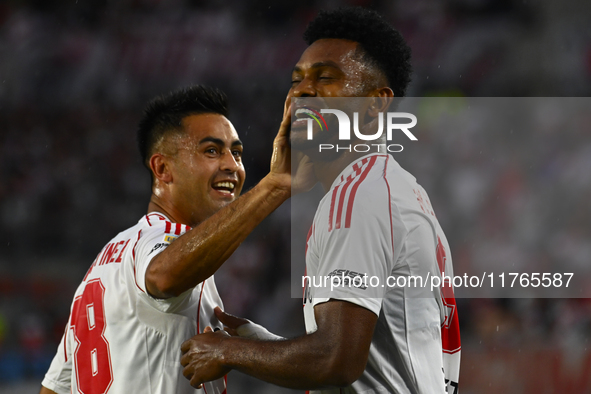 Miguel Borja of River Plate celebrates after scoring the team's first goal during a Liga Profesional 2024 match between River Plate and Barr...