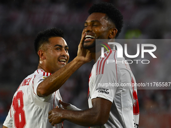 Miguel Borja of River Plate celebrates after scoring the team's first goal during a Liga Profesional 2024 match between River Plate and Barr...