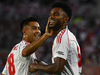 Miguel Borja of River Plate celebrates after scoring the team's first goal during a Liga Profesional 2024 match between River Plate and Barr...