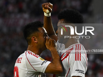 Miguel Borja of River Plate celebrates after scoring the team's first goal during a Liga Profesional 2024 match between River Plate and Barr...