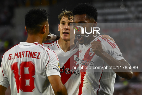 Miguel Borja of River Plate celebrates after scoring the team's first goal during a Liga Profesional 2024 match between River Plate and Barr...