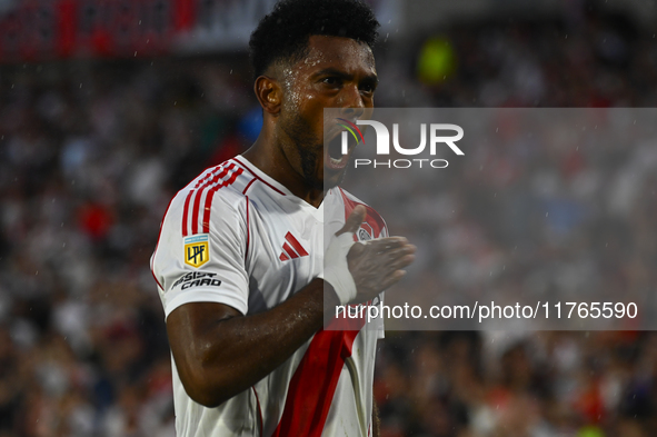 Miguel Borja of River Plate celebrates after scoring the team's first goal during a Liga Profesional 2024 match between River Plate and Barr...