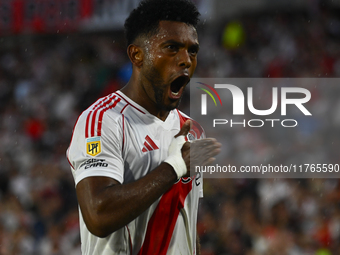 Miguel Borja of River Plate celebrates after scoring the team's first goal during a Liga Profesional 2024 match between River Plate and Barr...