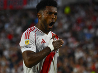 Miguel Borja of River Plate celebrates after scoring the team's first goal during a Liga Profesional 2024 match between River Plate and Barr...