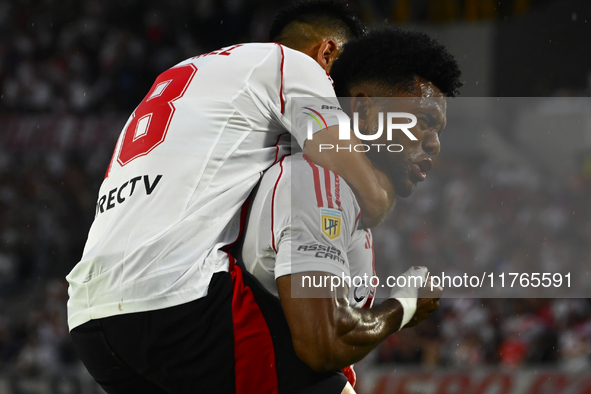 Miguel Borja of River Plate celebrates after scoring the team's first goal during a Liga Profesional 2024 match between River Plate and Barr...