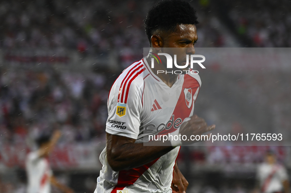 Miguel Borja of River Plate celebrates after scoring the team's second goal during a Liga Profesional 2024 match between River Plate and Bar...