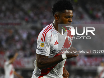 Miguel Borja of River Plate celebrates after scoring the team's second goal during a Liga Profesional 2024 match between River Plate and Bar...